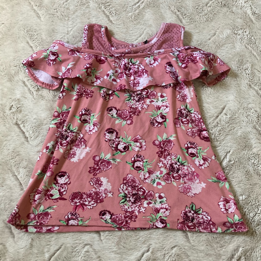 Cute Girls Size 7 Pink Floral Cold Shoulder Top